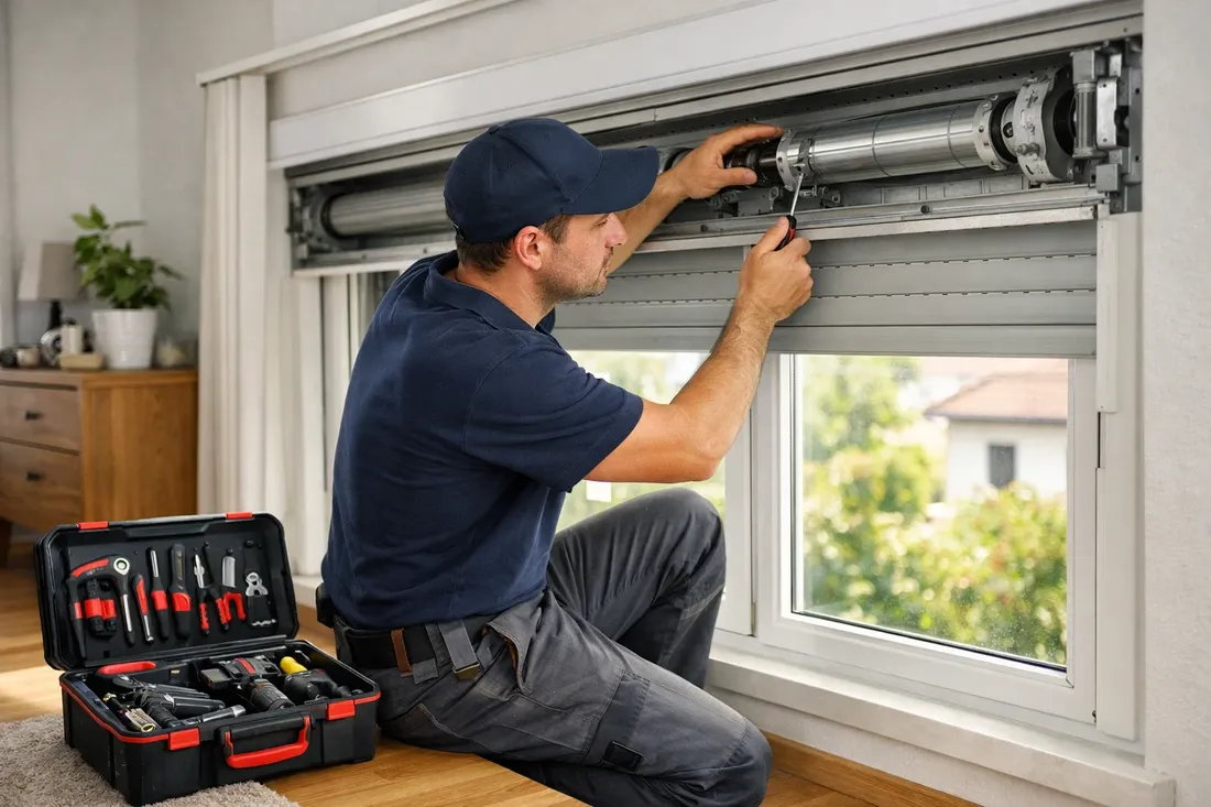 Técnico instalando motor en cajón de persiana enrollable en Cornellà