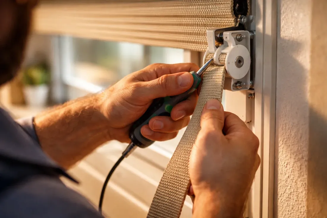 Detalle de reparación de cinta de persiana doméstica por técnico de Cornepersi