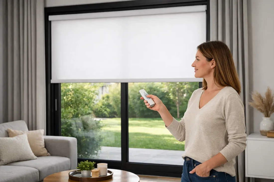 Mujer accionando persiana motorizada con mando a distancia en salón