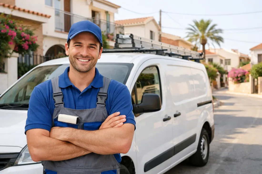 Persianista reparando persiana enrollable en fachada de vivienda en Cornellà