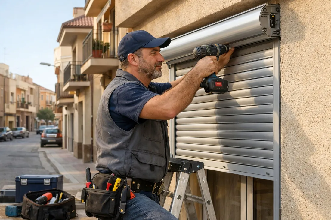 Persiana enrollable moderna instalada en salón con vistas al jardín
